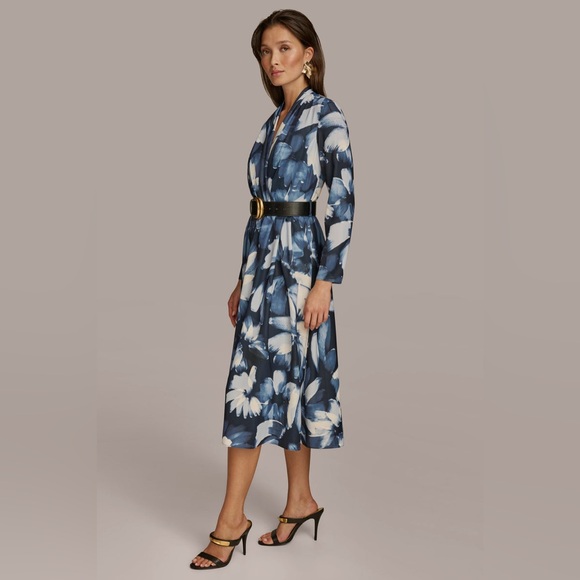 NWT Donna Karan New York FLORAL BELTED A LINE MIDI DRESS Sz 8 - Picture 3 of 14